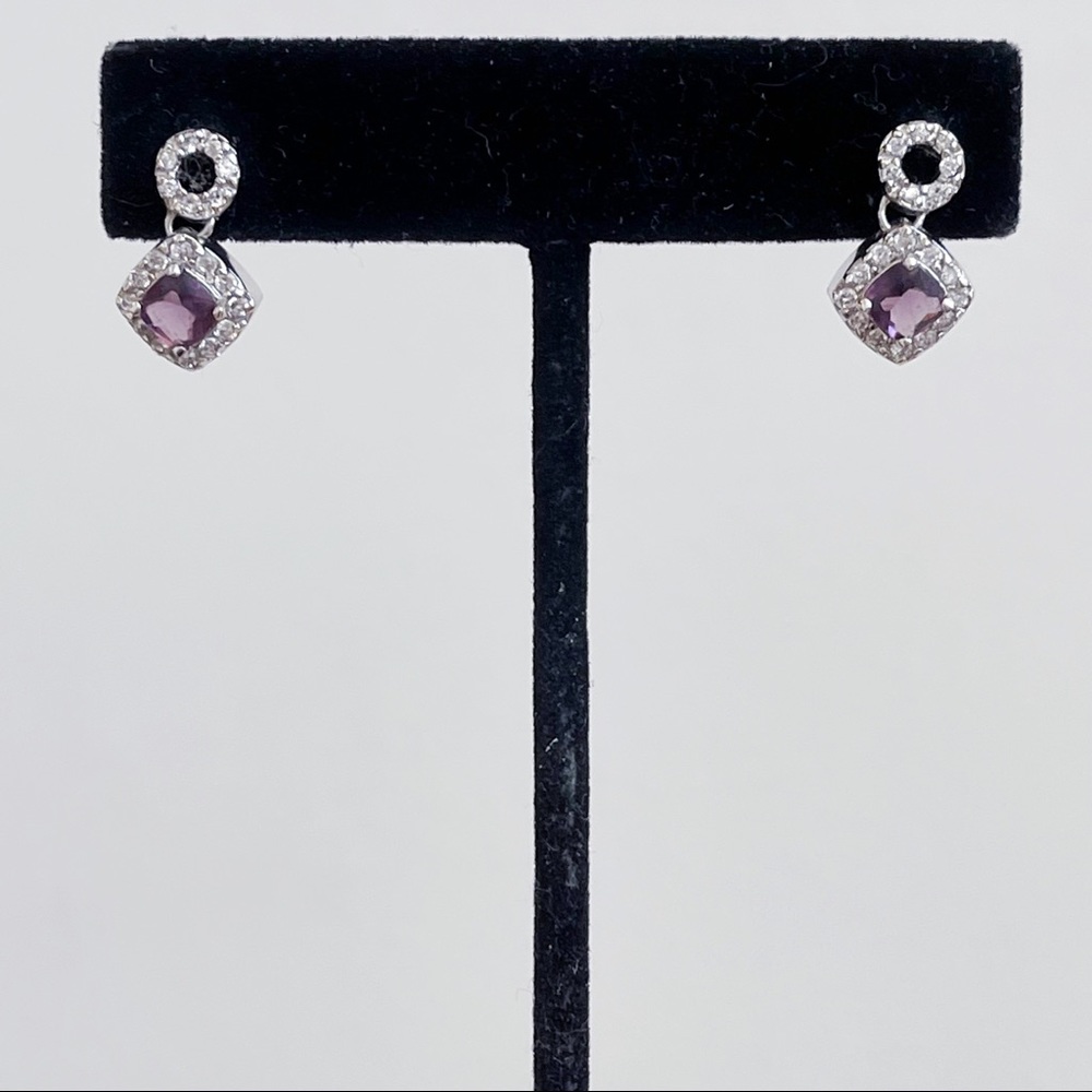 Sterling Silver Simulated Amethyst Pave CZ Dangle Small Earrings Elegant 5/8”